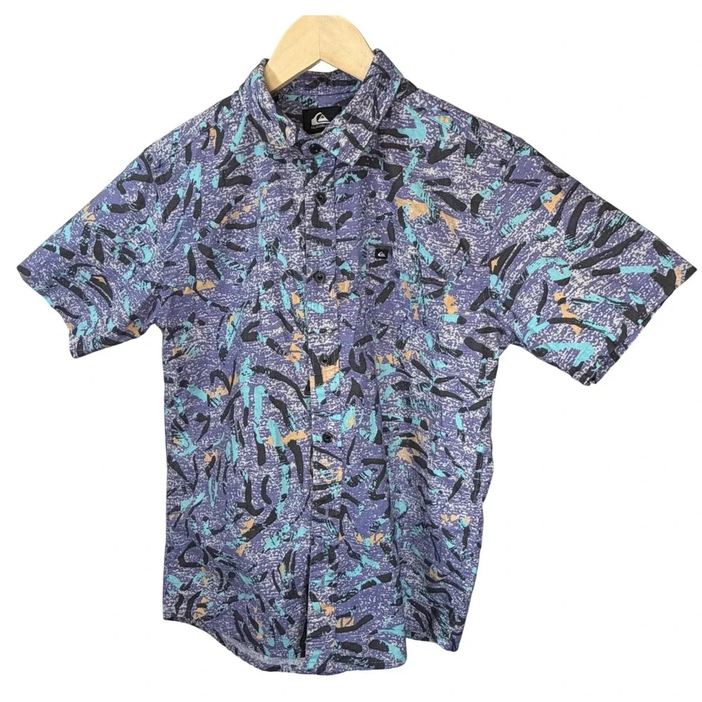 Quiksilver Boys Purple Abstract Print Short Sleeve Button Down Shirt Size L 14